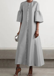 Women Grey O Neck Patchwork Cotton Long Dress Summer