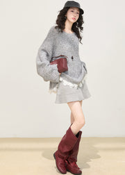 Women Grey Oversized Patchwork Knit Sweaters Winter