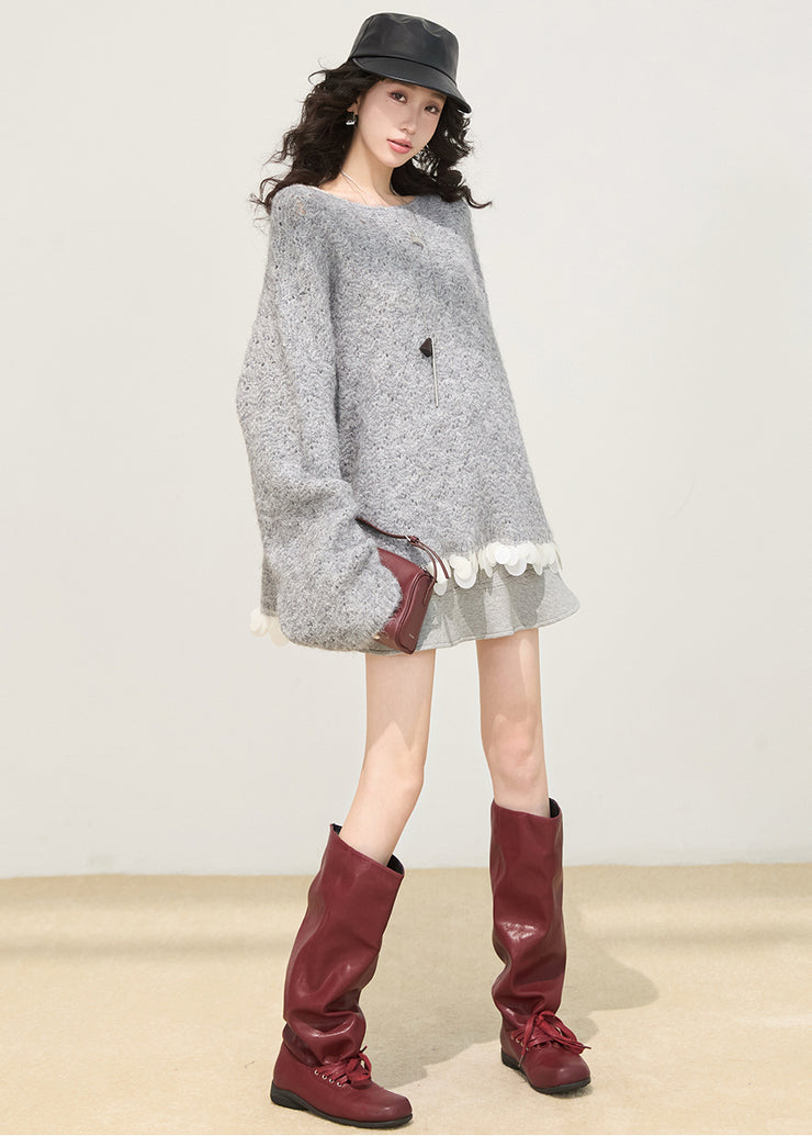 Women Grey Oversized Patchwork Knit Sweaters Winter