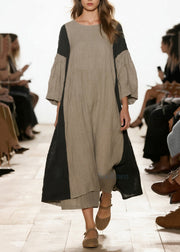 Women Grey Oversized Patchwork Linen Vacation Dresses Bracelet Sleeve