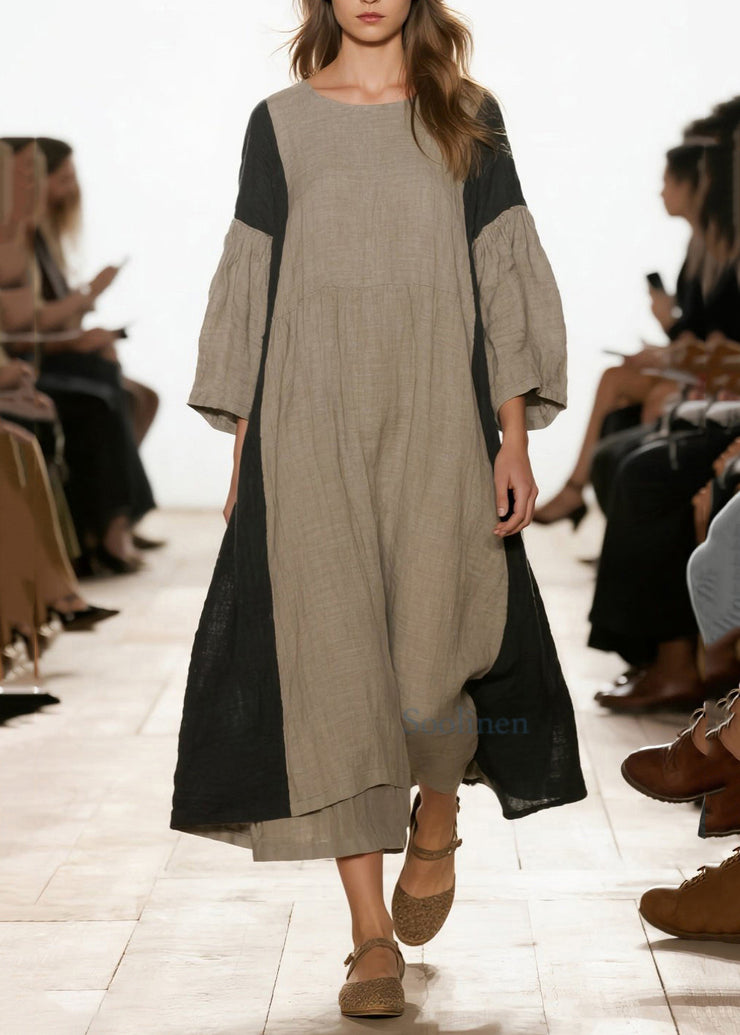 Women Grey Oversized Patchwork Linen Vacation Dresses Bracelet Sleeve