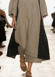 Women Grey Oversized Patchwork Linen Vacation Dresses Bracelet Sleeve
