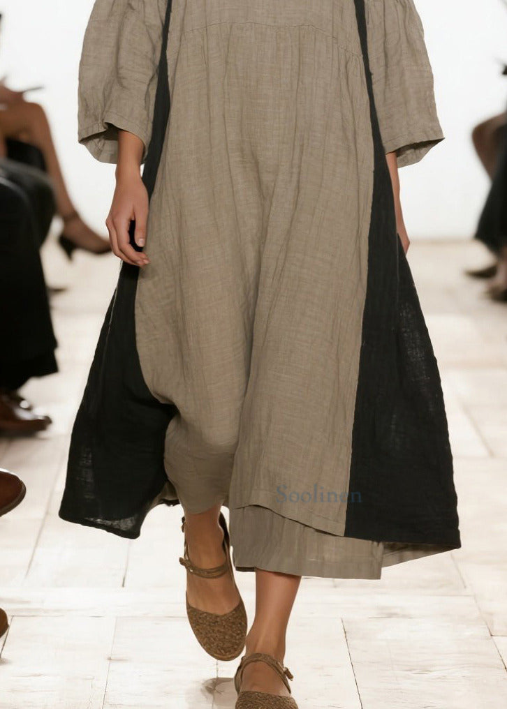 Women Grey Oversized Patchwork Linen Vacation Dresses Bracelet Sleeve