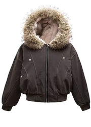 Women Grey Oversized Patchwork Warm Fleece Hoodies Outwear Winter