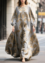 Women Grey Oversized Print Chiffon Maxi Dresses Fall