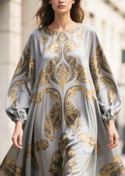 Women Grey Oversized Print Chiffon Maxi Dresses Fall