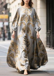 Women Grey Oversized Print Chiffon Maxi Dresses Fall