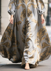 Women Grey Oversized Print Chiffon Maxi Dresses Fall