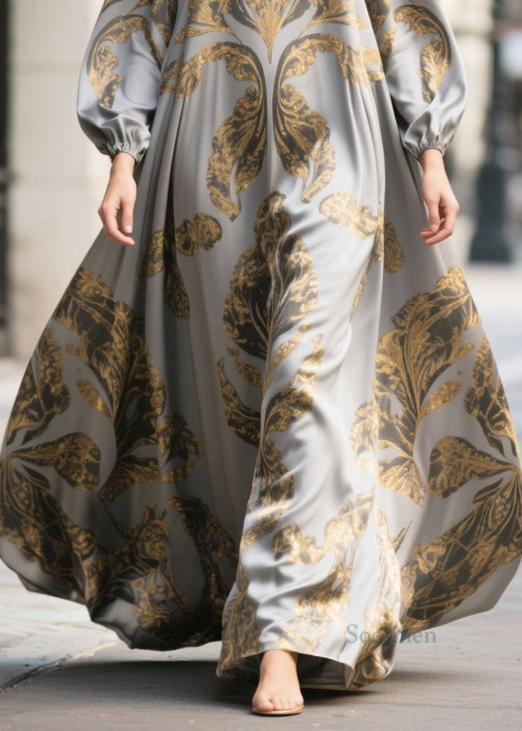 Women Grey Oversized Print Chiffon Maxi Dresses Fall