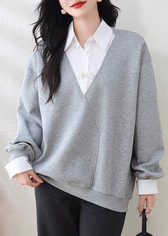 Women Grey Peter Pan Collar False Two Pieces Patchwork Cotton Sweatshirt Fall