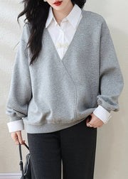Women Grey Peter Pan Collar False Two Pieces Patchwork Cotton Sweatshirt Fall