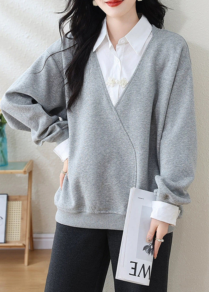 Women Grey Peter Pan Collar False Two Pieces Patchwork Cotton Sweatshirt Fall
