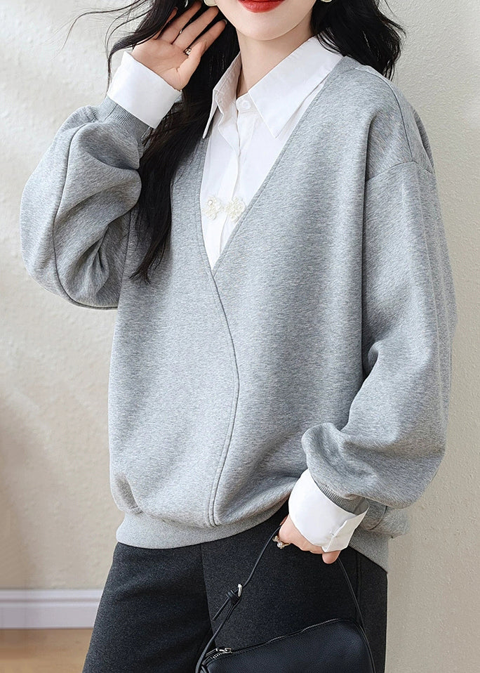 Women Grey Peter Pan Collar False Two Pieces Patchwork Cotton Sweatshirt Fall