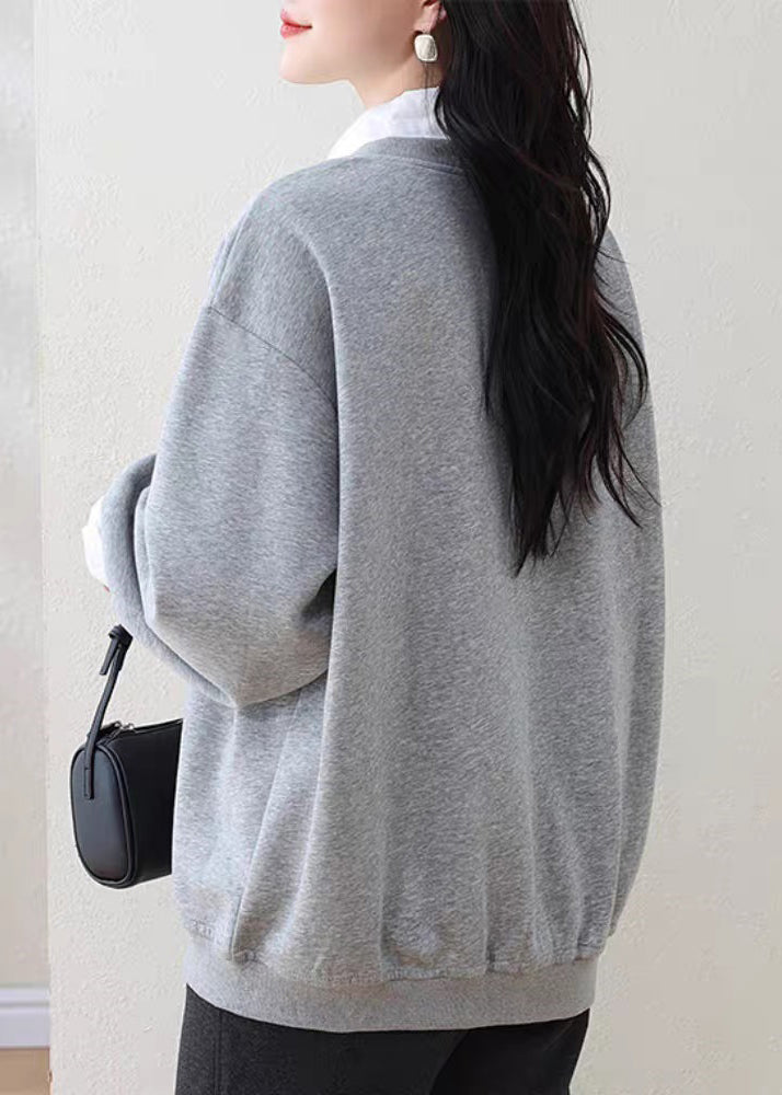 Women Grey Peter Pan Collar False Two Pieces Patchwork Cotton Sweatshirt Fall