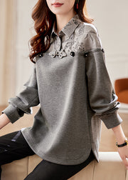 Women Grey Peter Pan Collar Patchwork Cotton Sweatshirts Fall