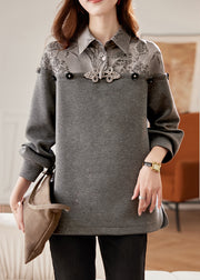 Women Grey Peter Pan Collar Patchwork Cotton Sweatshirts Fall