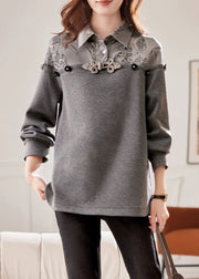 Women Grey Peter Pan Collar Patchwork Cotton Sweatshirts Fall