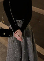 Women Grey Pockets High Waist Woolen Skirt Fall