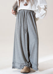 Women Grey Ruffled Elastic Waist Patchwork Cotton Wide Leg Pants Fall