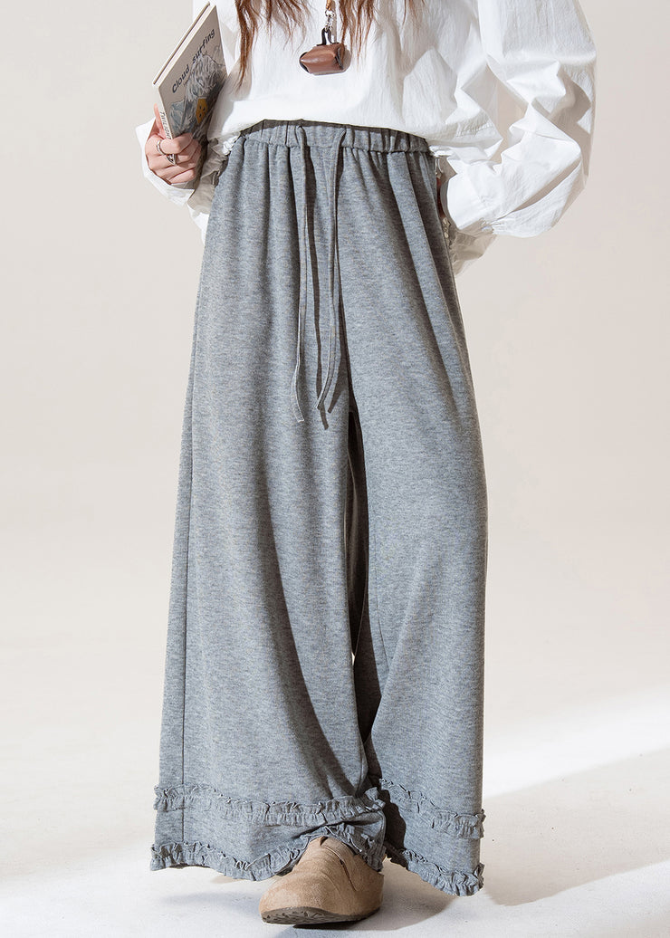 Women Grey Ruffled Elastic Waist Patchwork Cotton Wide Leg Pants Fall