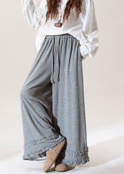 Women Grey Ruffled Elastic Waist Patchwork Cotton Wide Leg Pants Fall