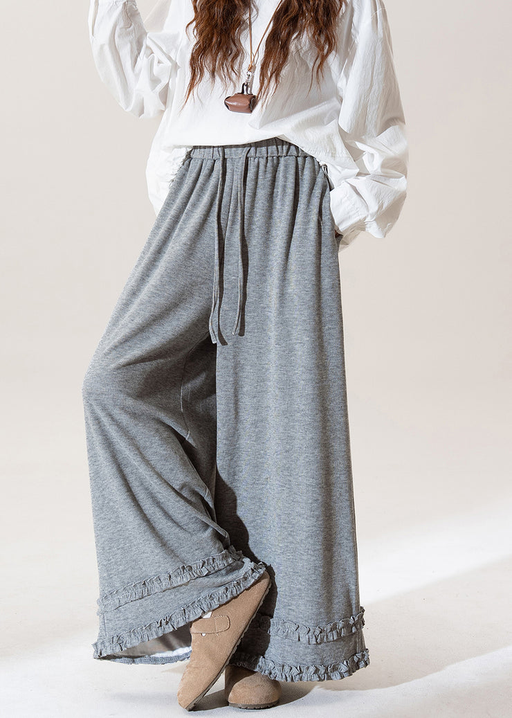 Women Grey Ruffled Elastic Waist Patchwork Cotton Wide Leg Pants Fall