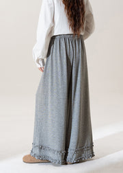 Women Grey Ruffled Elastic Waist Patchwork Cotton Wide Leg Pants Fall