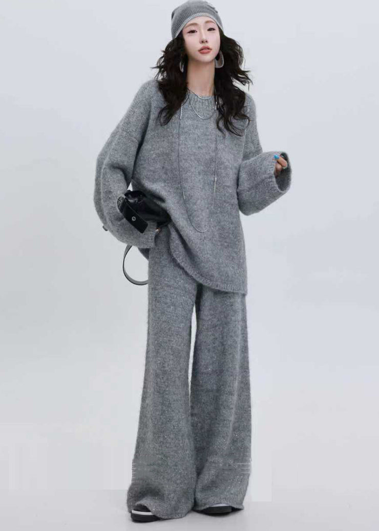 Women Grey Sequins Thick Knit Two Pieces Set Winter