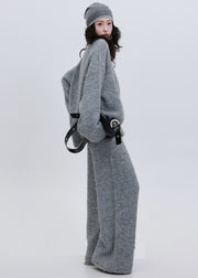 Women Grey Sequins Thick Knit Two Pieces Set Winter