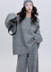 Women Grey Sequins Thick Knit Two Pieces Set Winter