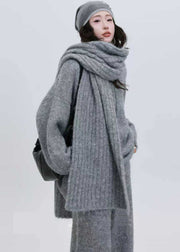 Women Grey Sequins Thick Knit Two Pieces Set Winter