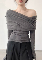 Women Grey Slash Neck Wrinkled Solid Knit Top Spring