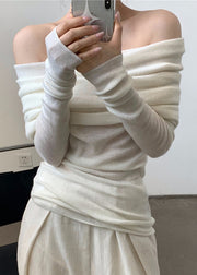 Women Grey Slash Neck Wrinkled Solid Knit Top Spring