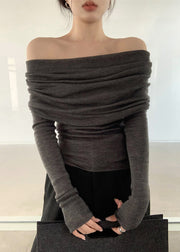 Women Grey Slash Neck Wrinkled Solid Knit Top Spring