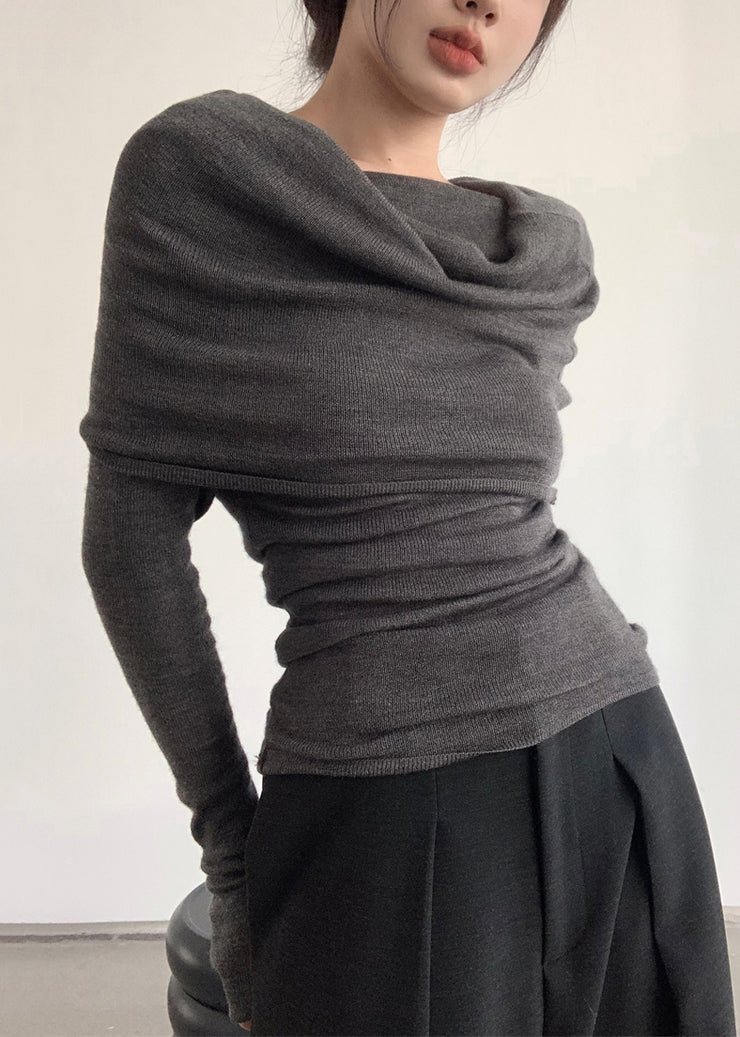 Women Grey Slash Neck Wrinkled Solid Knit Top Spring