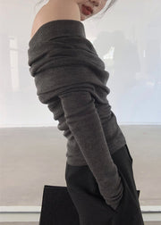 Women Grey Slash Neck Wrinkled Solid Knit Top Spring