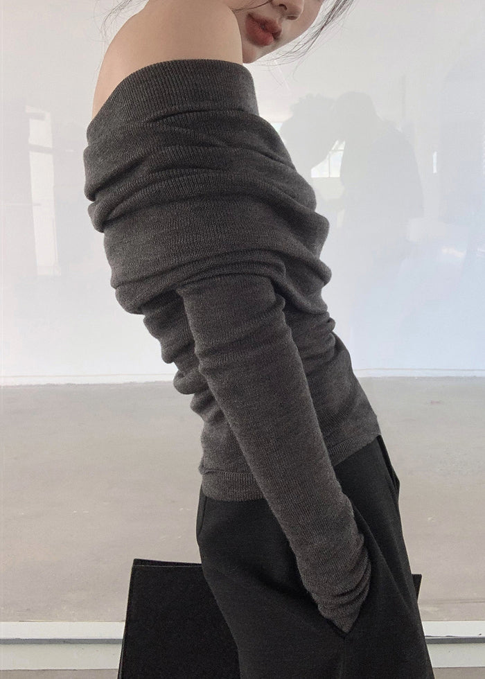 Women Grey Slash Neck Wrinkled Solid Knit Top Spring