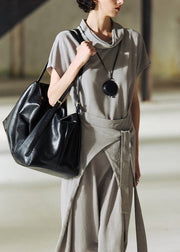 Women Grey Turtle Neck Lace Up Patchwork Cotton Long Dress Summer