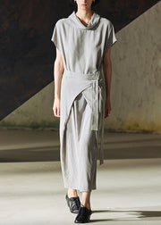 Women Grey Turtle Neck Lace Up Patchwork Cotton Long Dress Summer