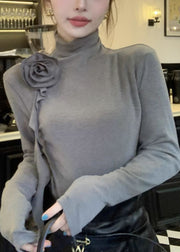 Women Grey Turtle Neck Stereoscopic Floral Cotton Shirts Fall