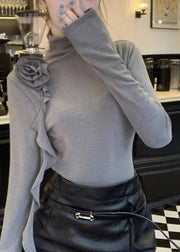 Women Grey Turtle Neck Stereoscopic Floral Cotton Shirts Fall