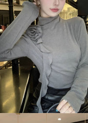 Women Grey Turtle Neck Stereoscopic Floral Cotton Shirts Fall