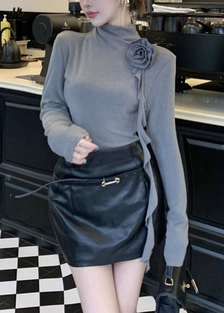 Women Grey Turtle Neck Stereoscopic Floral Cotton Shirts Fall