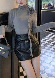 Women Grey Turtle Neck Stereoscopic Floral Cotton Shirts Fall