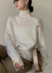 Women Grey Turtleneck Button Side Open Knit Sweater Winter