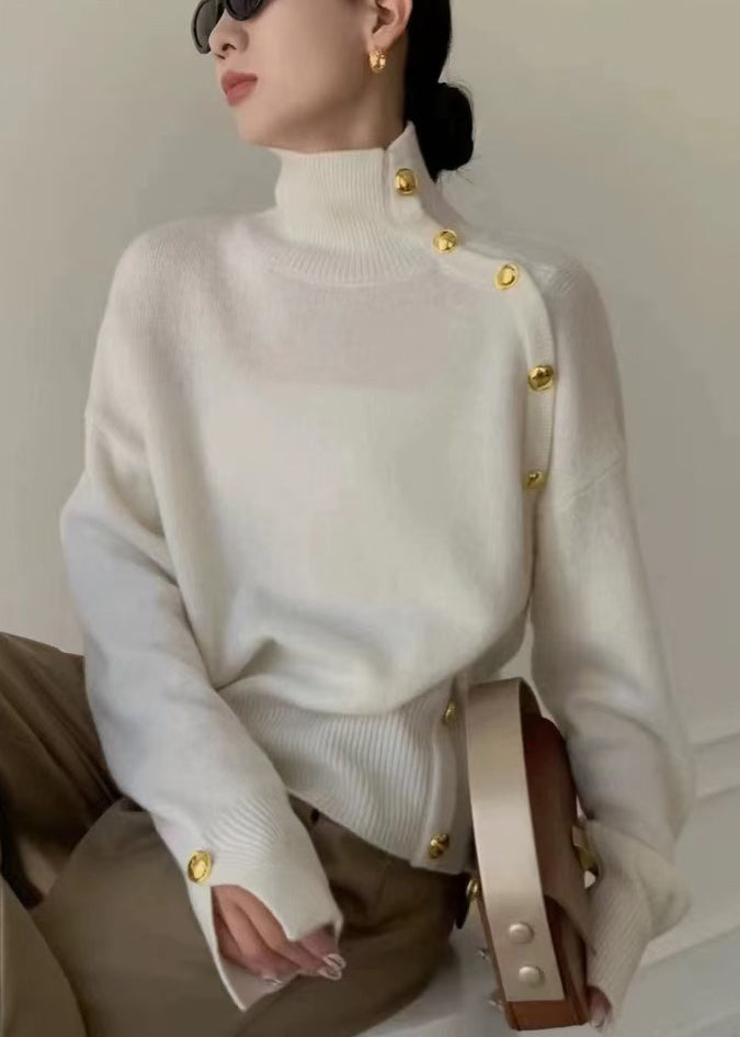 Women Grey Turtleneck Button Side Open Knit Sweater Winter