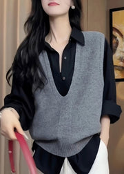 Women Grey V Neck Cozy Warm Knit Vest Tops Sleeveless