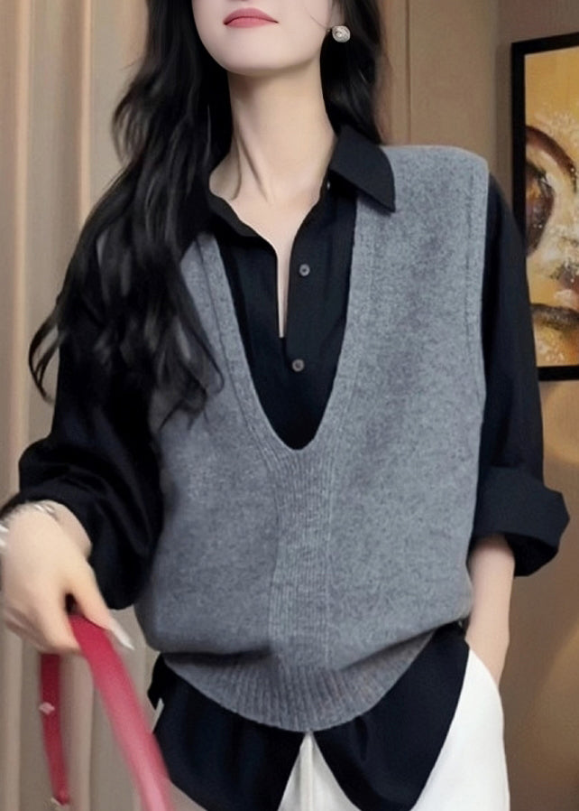 Women Grey V Neck Cozy Warm Knit Vest Tops Sleeveless