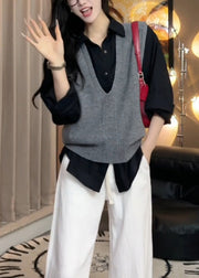 Women Grey V Neck Cozy Warm Knit Vest Tops Sleeveless