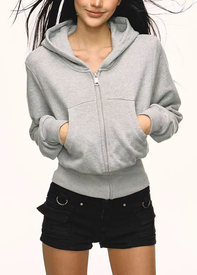Women Grey Zip Up Pockets Casual Cotton Hoodies Outwear Fall